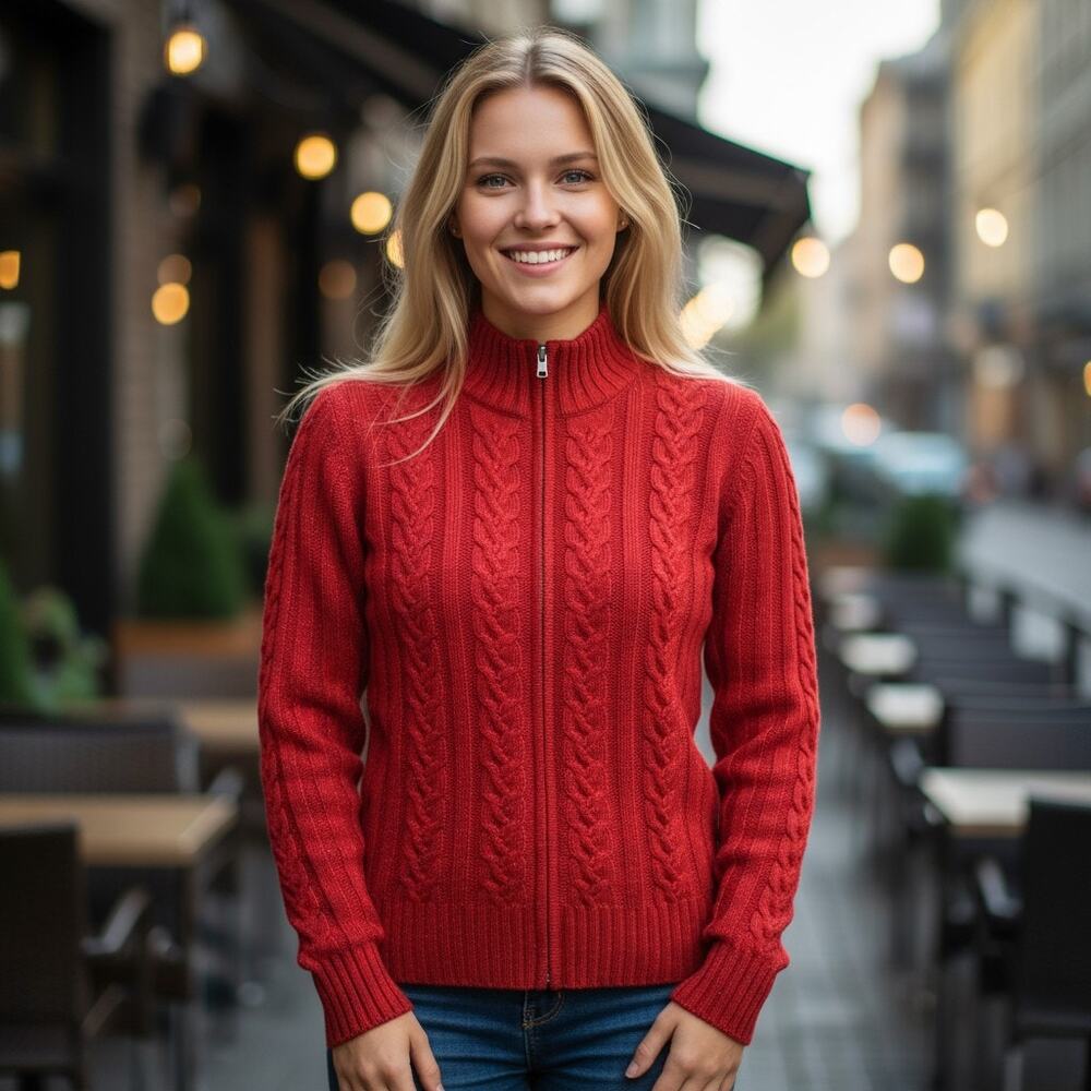 NWT Hawick Sweater Jacket Womens Medium Red Cashmere Cable Knit Regal Scotland